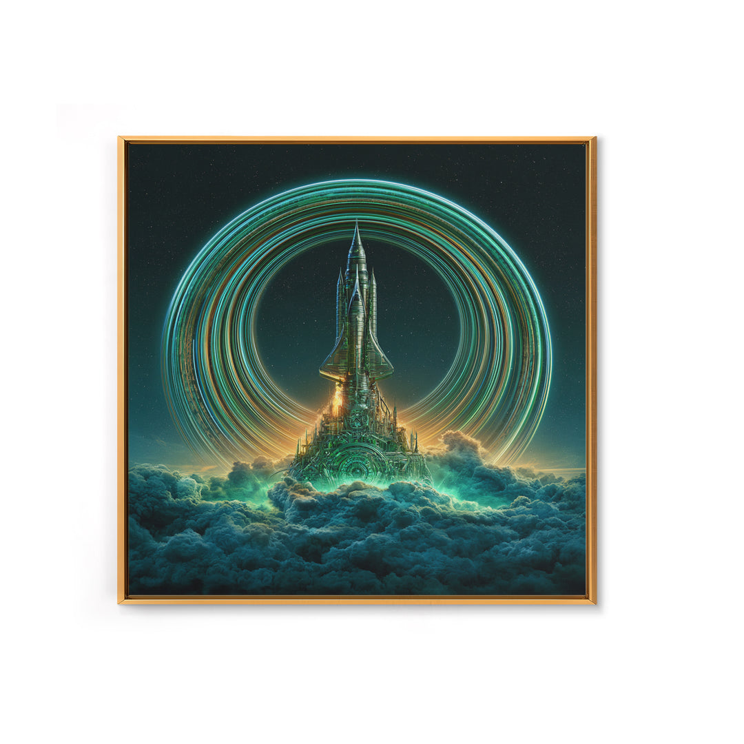 Retro Rocket Launching Through Cloud Rings Framed Canvas Print, Scifi Art, Boho Decor, Living Room Decor, Oil Painting, Orbit, SCI-1x1-79