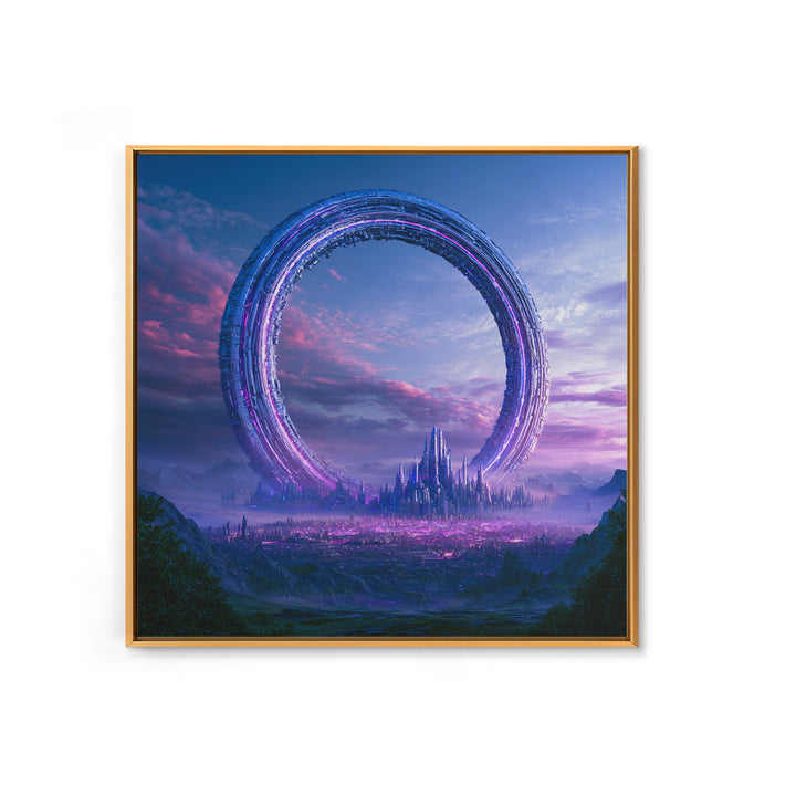 Giant Ring World Seen from a Valley Framed Canvas Print, Scifi Art, Fine Art Print, Living Room Decor, Fine Art, Orbit, SCI-1x1-80