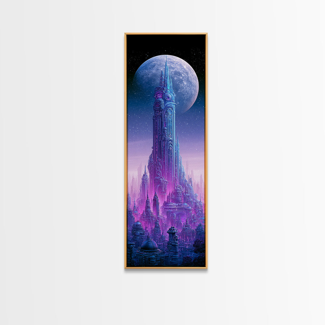 Futuristic City on a Moonlit World Framed Canvas Print, Scifi Art, Ai Art, Living Room Decor, Abstract Art, Orbit, SCI-1x3-15