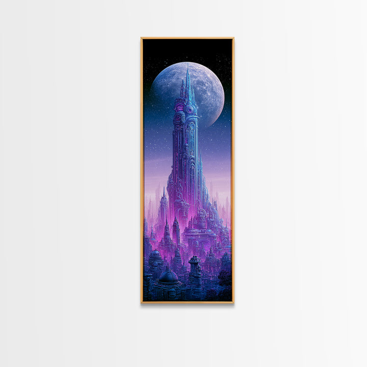 Futuristic City on a Moonlit World Framed Canvas Print, Scifi Art, Ai Art, Living Room Decor, Abstract Art, Orbit, SCI-1x3-15