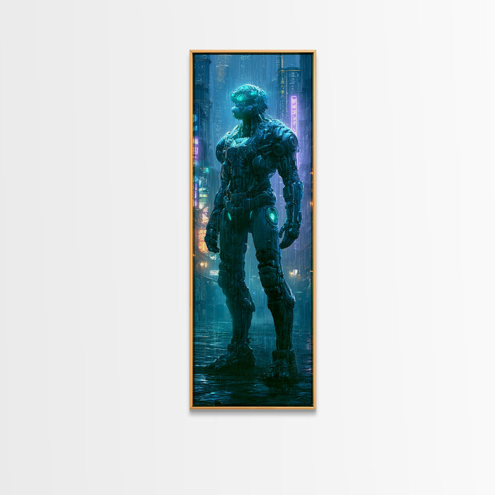 Mech Silhouette in Rainy Neon City Canvas Print, Scifi Art, Weird Art, Living Room Decor, Abstract Art, Orbit, Art Print, SCI-1x3-51