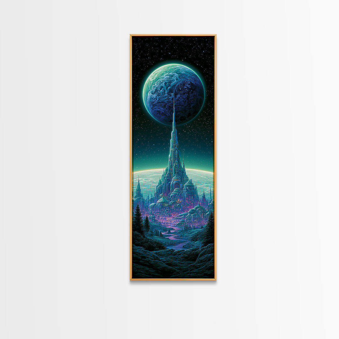 Moon Colony Beneath Earth Rise Framed Canvas Print, Scifi Art, Retro Futurism Art, Living Room Decor, Oil Painting, Orbit, SCI-1x3-54