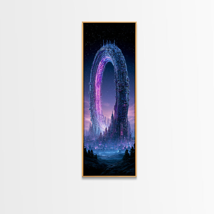 Giant Ring World Seen from a Valley Canvas Print, Scifi Art, Mid Century Art, Living Room Decor, Fine Art, Orbit, Neutral Decor, SCI-1x3-68