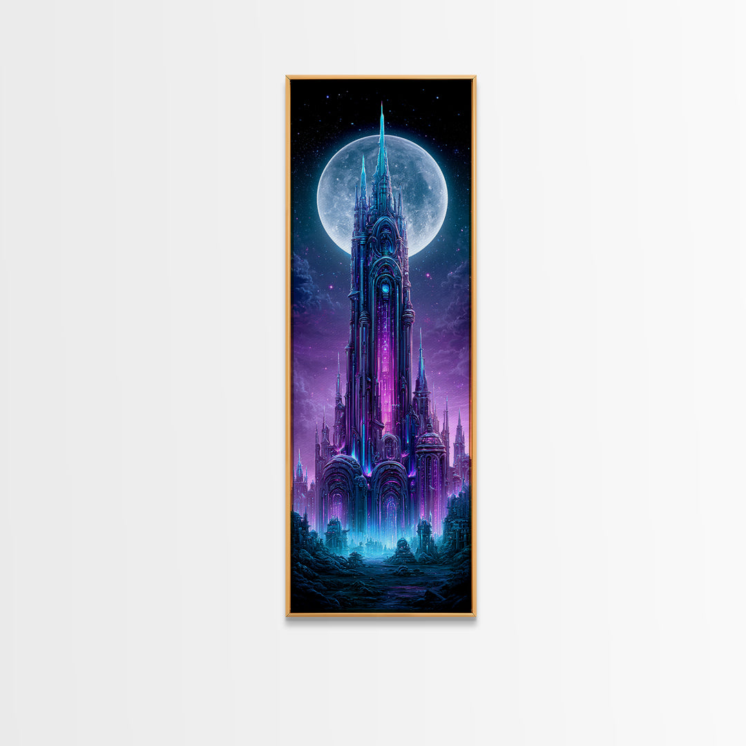 Futuristic City on a Moonlit World Framed Canvas Print, Scifi Art, Statement Artwork, Living Room Decor, Fine Art, Orbit, SCI-1x3-87