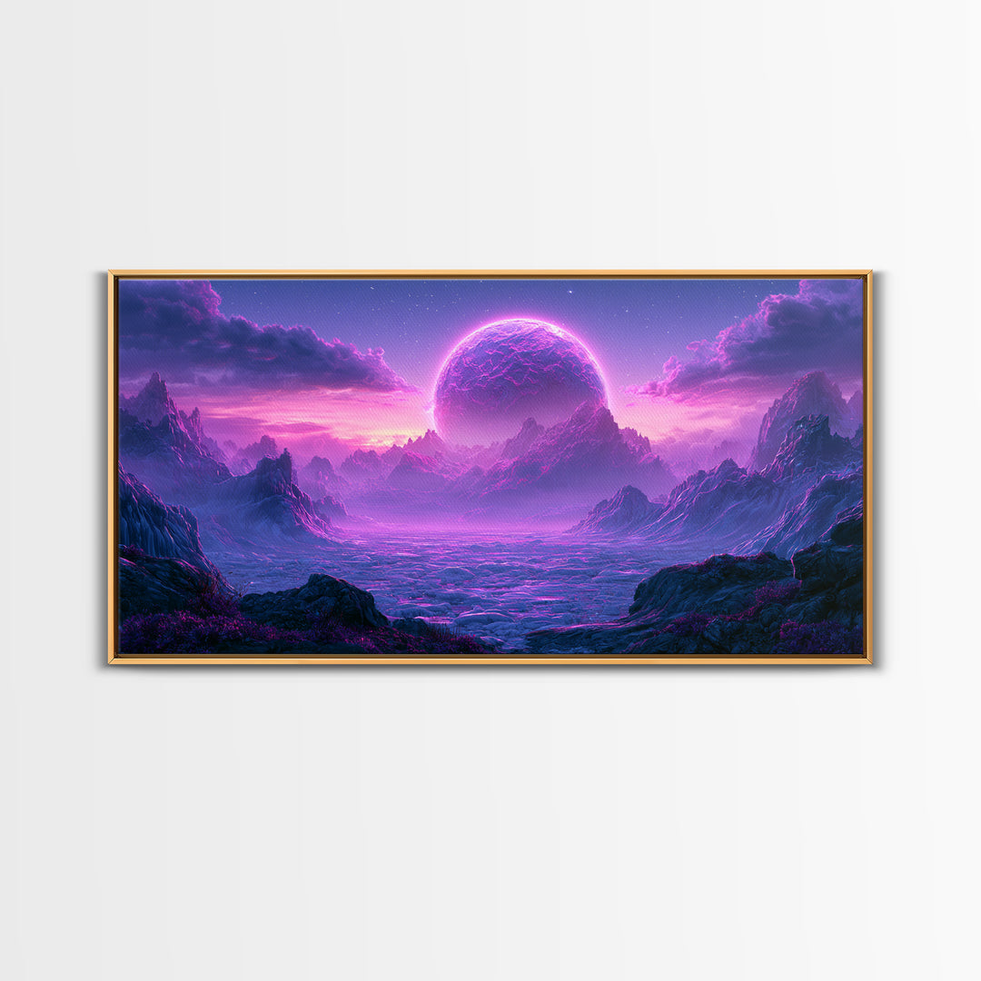 Planetary Sunrise over Ice Cliffs Framed Canvas Print, Scifi Art, Art Print, Living Room Decor, Fine Art, Orbit, Digital Art, SCI-2x1-18