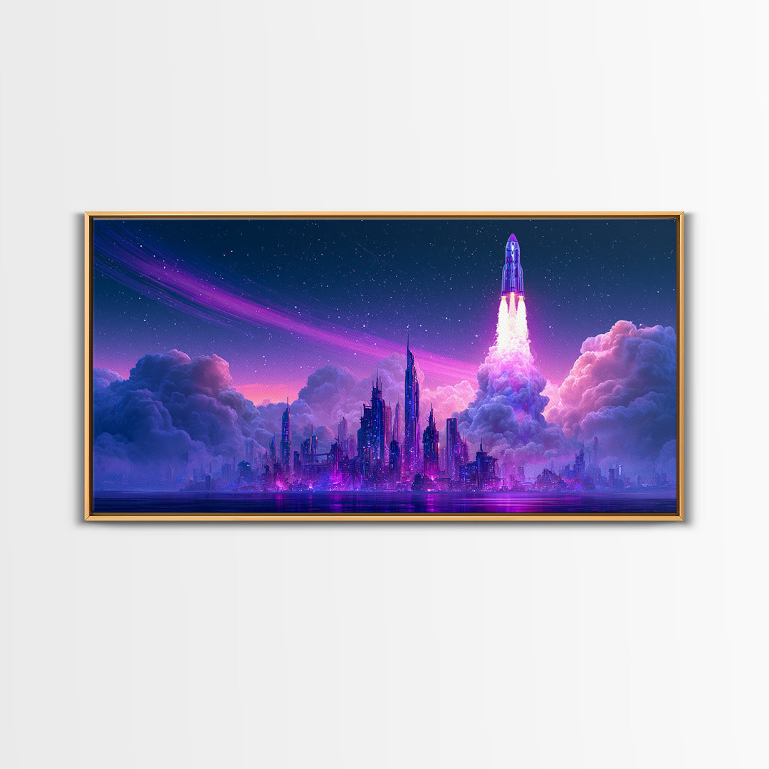 Retro Rocket Launching Through Cloud Rings Framed Canvas Print, Scifi Art, Boho Decor, Living Room Decor, Oil Painting, Orbit, SCI-2x1-27