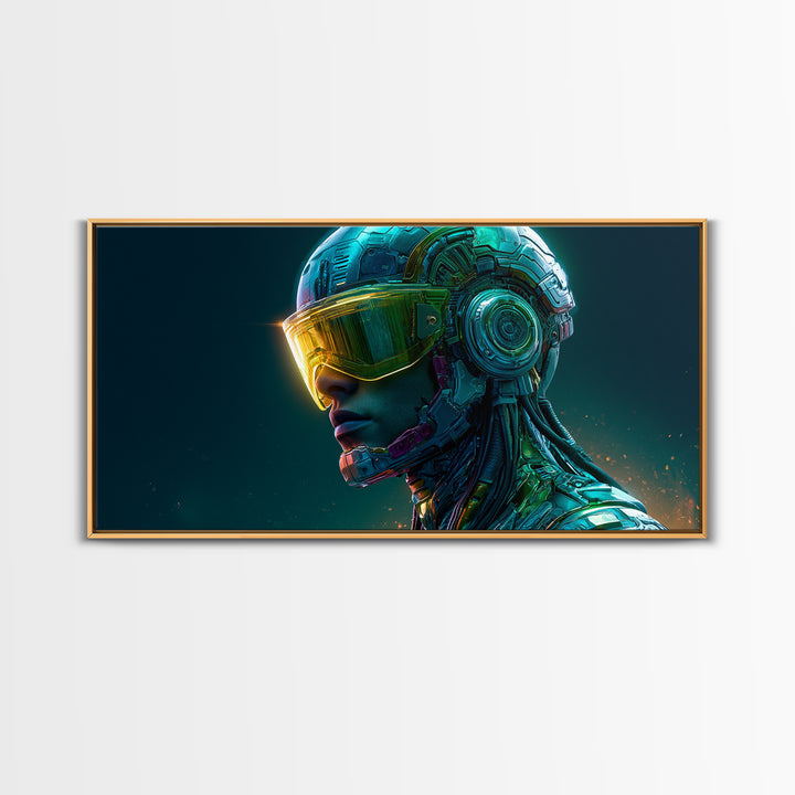 Cyborg Portrait with Reflective Visor Framed Canvas Print, Scifi Art, Original Art, Living Room Decor, Fine Art, Orbit, SCI-2x1-29