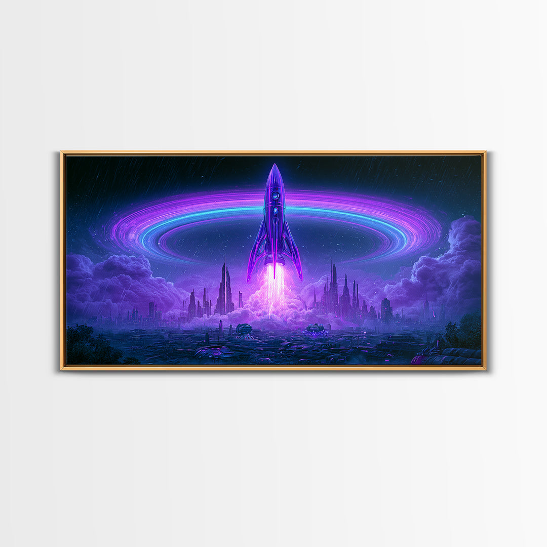 Retro Rocket Launching Through Cloud Rings Framed Canvas Print, Scifi Art, Art Print, Living Room Decor, Fine Art, Orbit, SCI-2x1-75