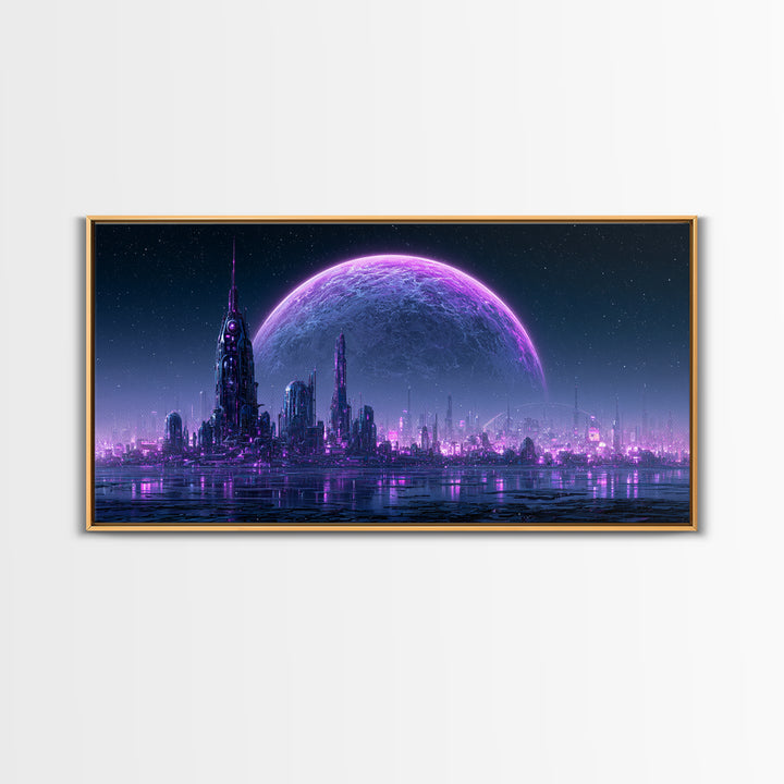 Moon Colony Beneath Earth Rise Framed Canvas Print, Scifi Art, Posters, Living Room Decor, Orbit, Pop Art, Mid Century Art, SCI-2x1-86