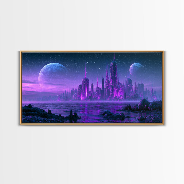 Alien Ocean with Two Moons Framed Canvas Print, Scifi Art, Art, Living Room Decor, Fine Art, Orbit, Modern Art, Living Room Art, SCI-2x1-9