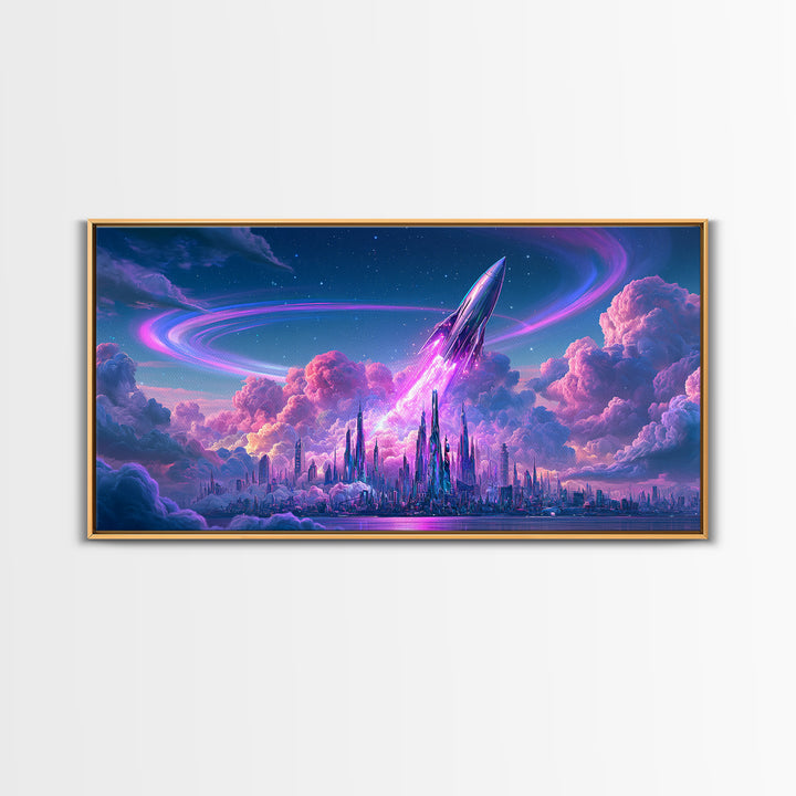 Retro Rocket Launching Through Cloud Rings Framed Canvas Print, Scifi Art, Pop Art, Living Room Decor, Fine Art, Orbit, SCI-2x1-99
