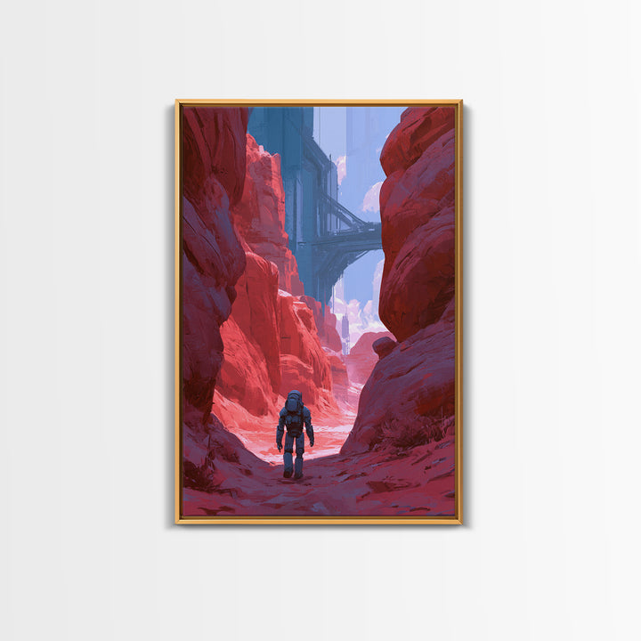 Robot Companion Crossing a Red Canyon Framed Canvas Print, Scifi Art, Decor, Living Room Decor, Orbit, Mid Century Art, SCI-2x3-12