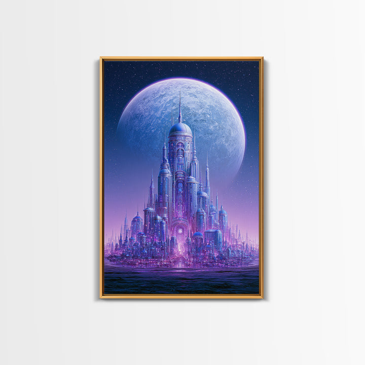 Moon Colony Beneath Earth Rise Framed Canvas Print, Scifi Art, Textured Painting, Living Room Decor, Abstract Art, Orbit, SCI-2x3-2