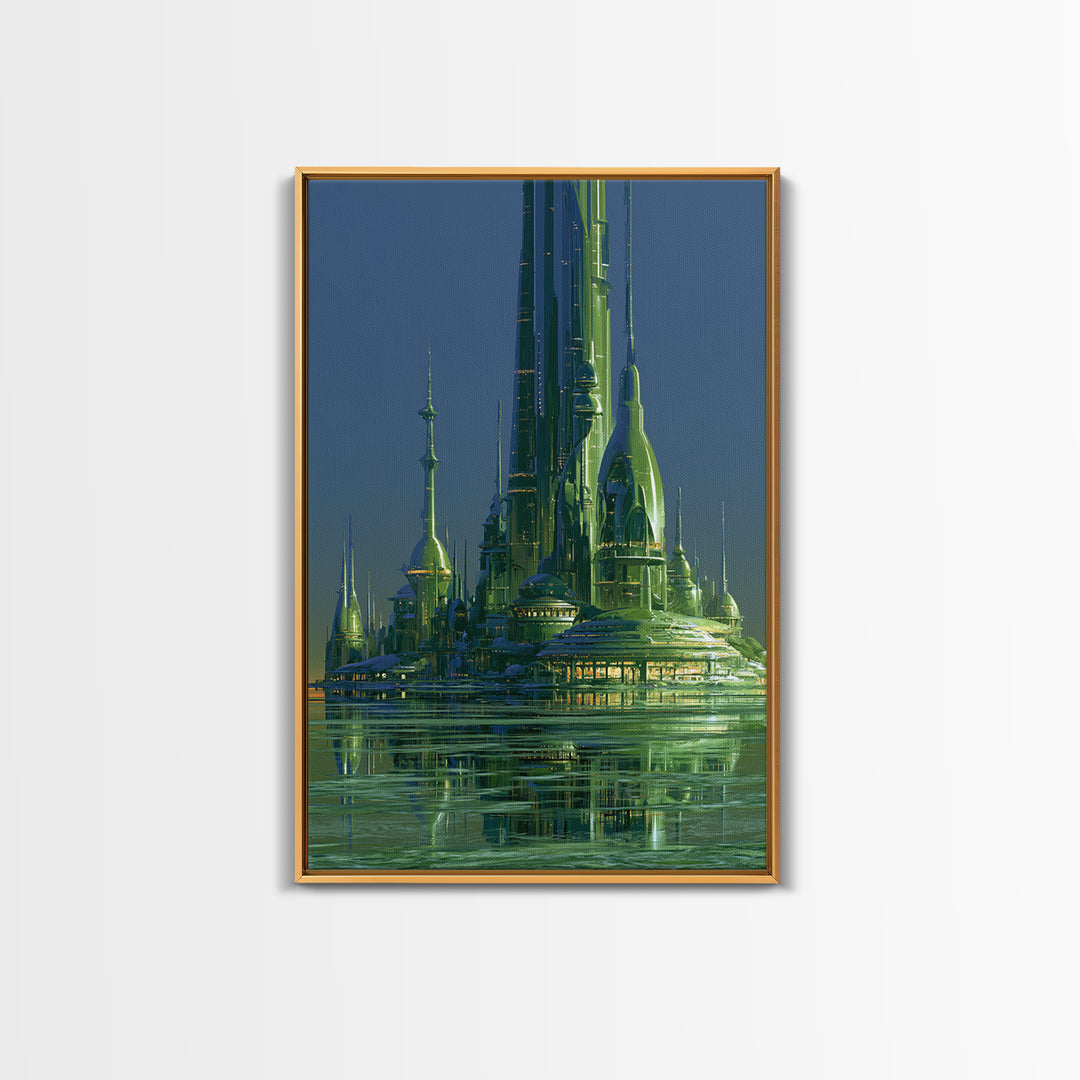 Terraforming Towers on a Silent Planet Framed Canvas Print, Scifi Art, Retro Wall Art, Living Room Decor, Oil Painting, Orbit, SCI-2x3-20
