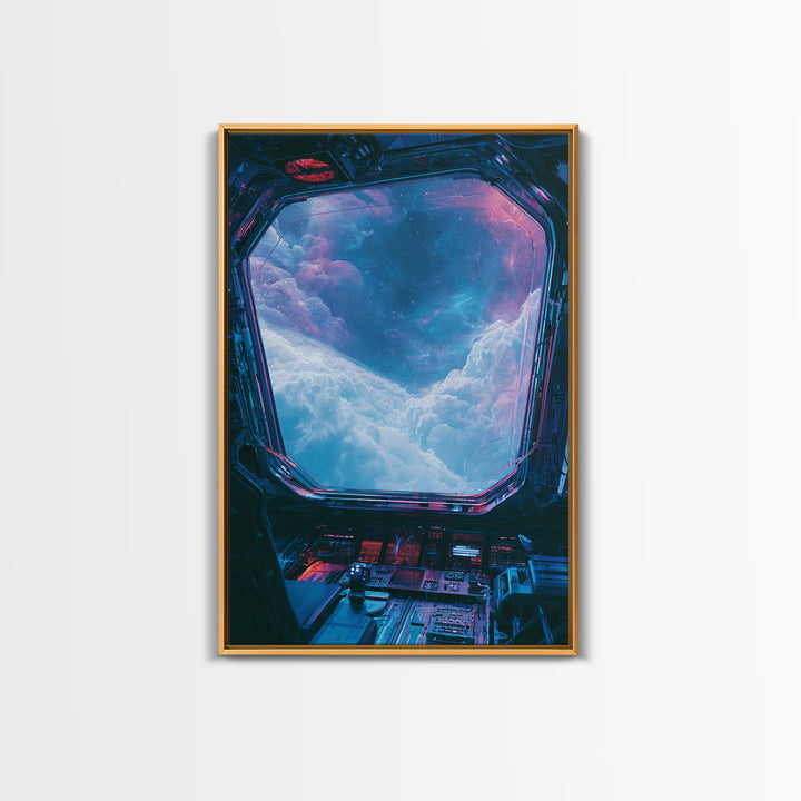 Starship Cockpit View of Nebula Clouds Framed Canvas Print, Scifi Art, Abstract Art, Living Room Decor, Fine Art, Orbit, SCI-2x3-43