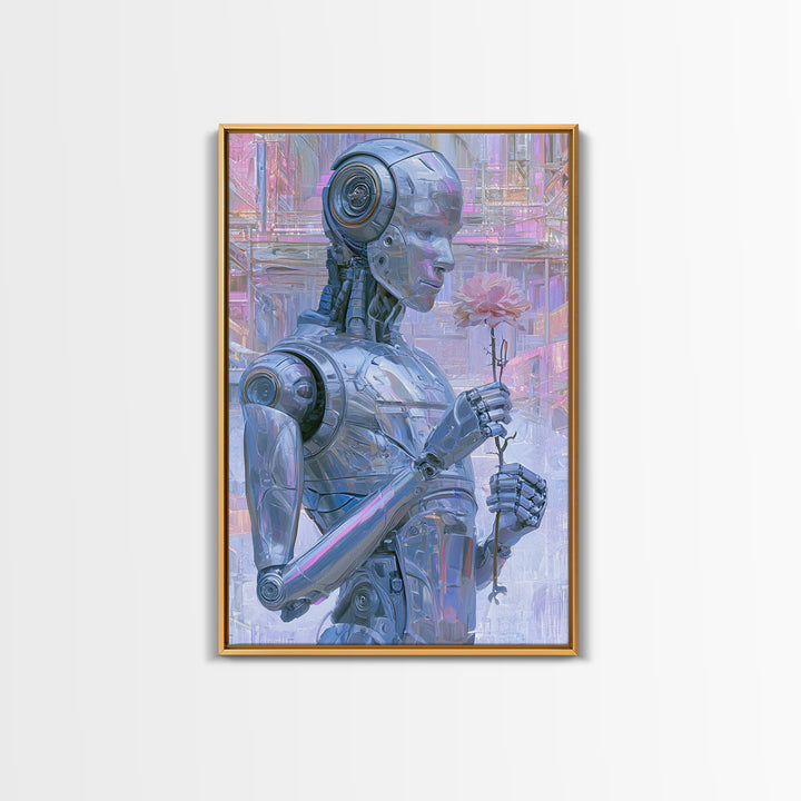Silver Android Holding a Flower Framed Canvas Print, Scifi Art, Poster, Living Room Decor, Fine Art, Orbit, Retro Wall Art, SCI-2x3-46