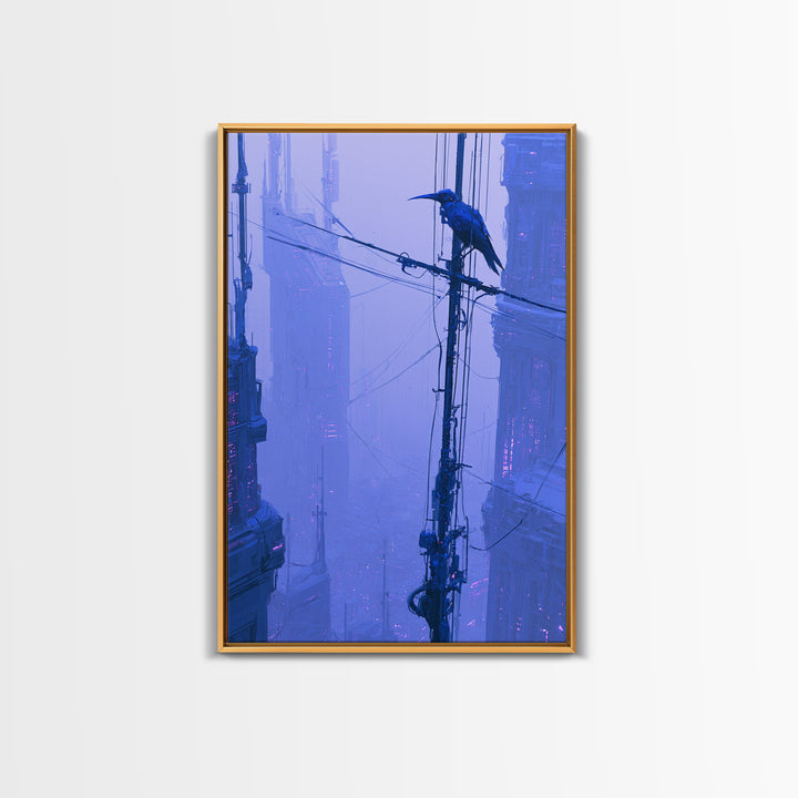 Robot Bird Perched on Antenna Framed Canvas Print, Scifi Art, Digital Art, Living Room Decor, Fine Art, Orbit, Steampunk Decor, SCI-2x3-55