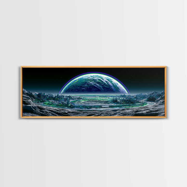 Moon Colony Beneath Earth Rise Framed Canvas Print, Scifi Art, Posters, Living Room Decor, Orbit, Pop Art, Mid Century Art, SCI-3x1-10