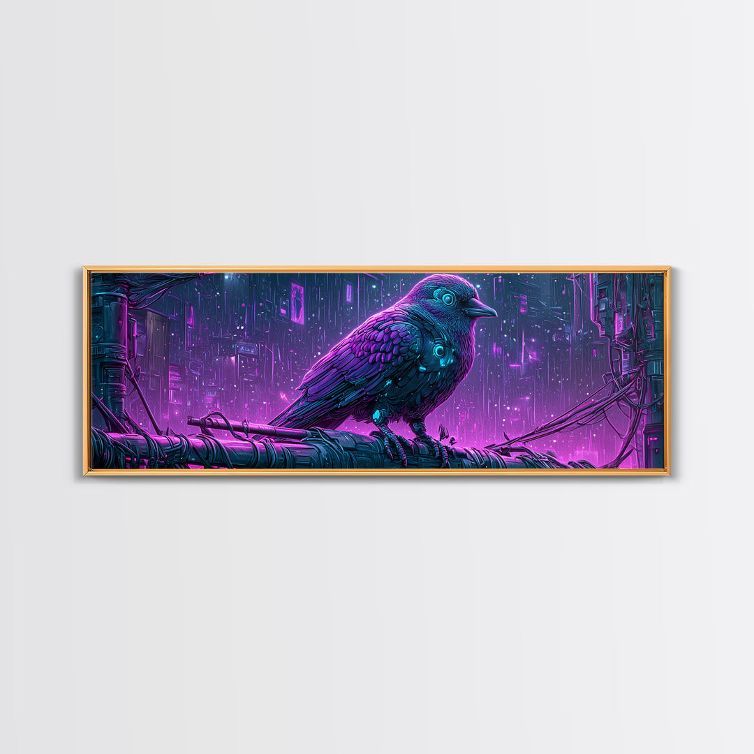 Robot Bird Perched on Antenna Framed Canvas Print, Scifi Art, Gallery Decor, Living Room Decor, Fine Art, Orbit, Wall Art, SCI-3x1-15