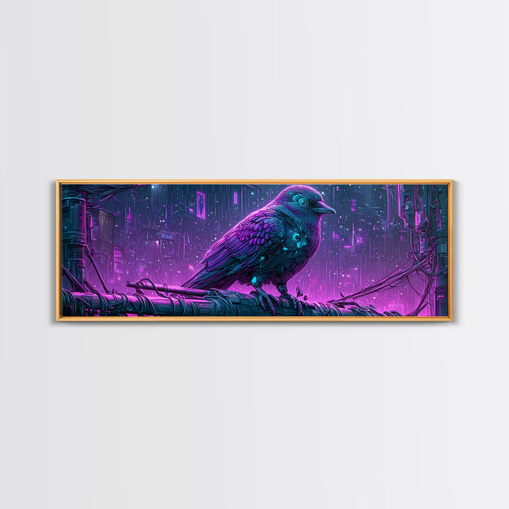 Robot Bird Perched on Antenna Framed Canvas Print, Scifi Art, Gallery Decor, Living Room Decor, Fine Art, Orbit, Wall Art, SCI-3x1-15