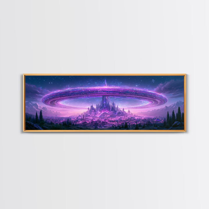 Giant Ring World Seen from a Valley Canvas Print, Scifi Art, Game Room Decor, Living Room Decor, Fine Art, Orbit, SCI-3x1-24