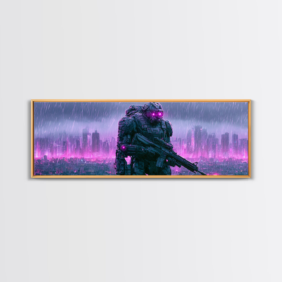 Mech Silhouette in Rainy Neon City Canvas Print, Scifi Art, Textured Painting, Living Room Decor, Abstract Art, Orbit, SCI-3x1-31