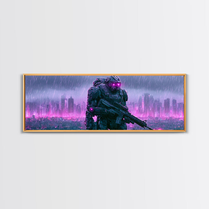 Mech Silhouette in Rainy Neon City Canvas Print, Scifi Art, Textured Painting, Living Room Decor, Abstract Art, Orbit, SCI-3x1-31