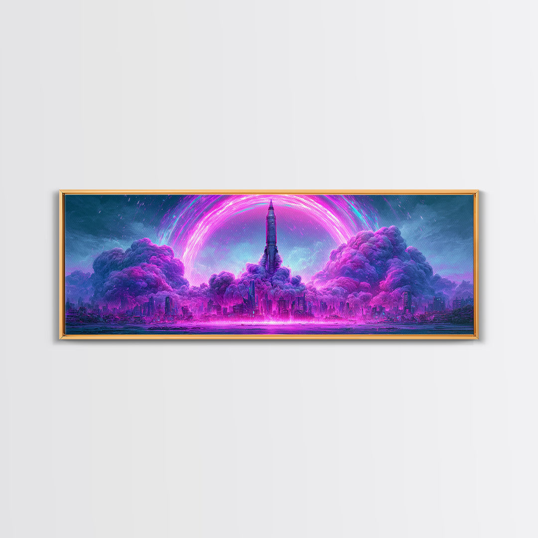Retro Rocket Launching Through Cloud Rings Framed Canvas Print, Scifi Art, Decor, Living Room Decor, Oil Painting, Orbit, SCI-3x1-47