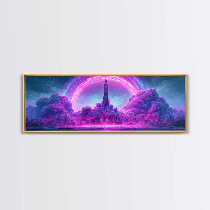 Retro Rocket Launching Through Cloud Rings Framed Canvas Print, Scifi Art, Decor, Living Room Decor, Oil Painting, Orbit, SCI-3x1-47