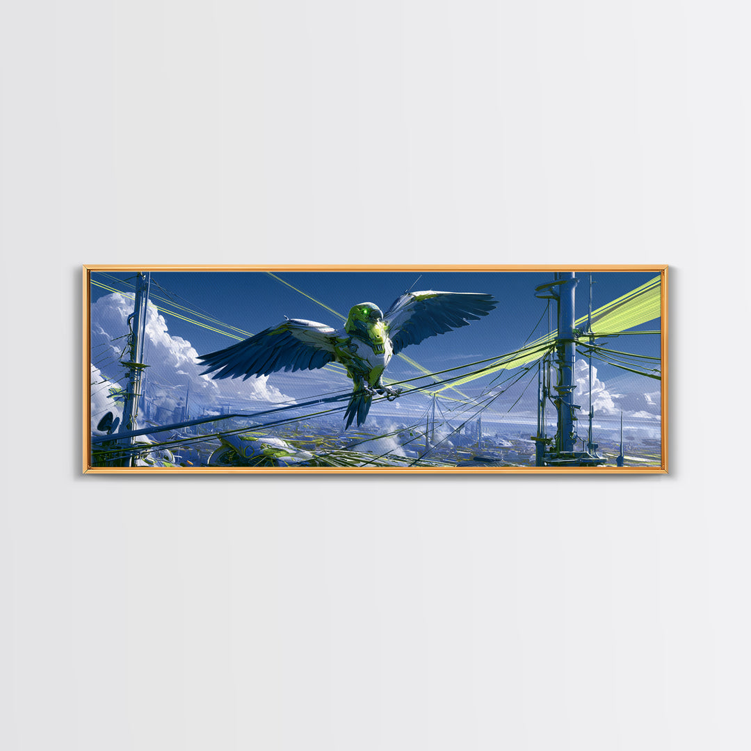 Robot Bird Perched on Antenna Framed Canvas Print, Scifi Art, Minimalist Decor, Living Room Decor, Fine Art, Orbit, Ai Art, SCI-3x1-63