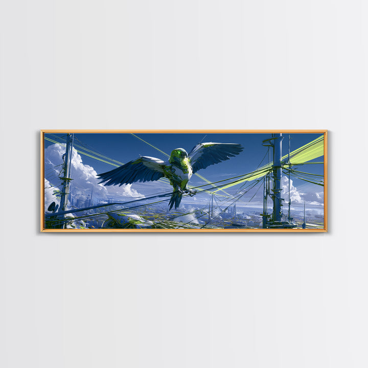 Robot Bird Perched on Antenna Framed Canvas Print, Scifi Art, Minimalist Decor, Living Room Decor, Fine Art, Orbit, Ai Art, SCI-3x1-63