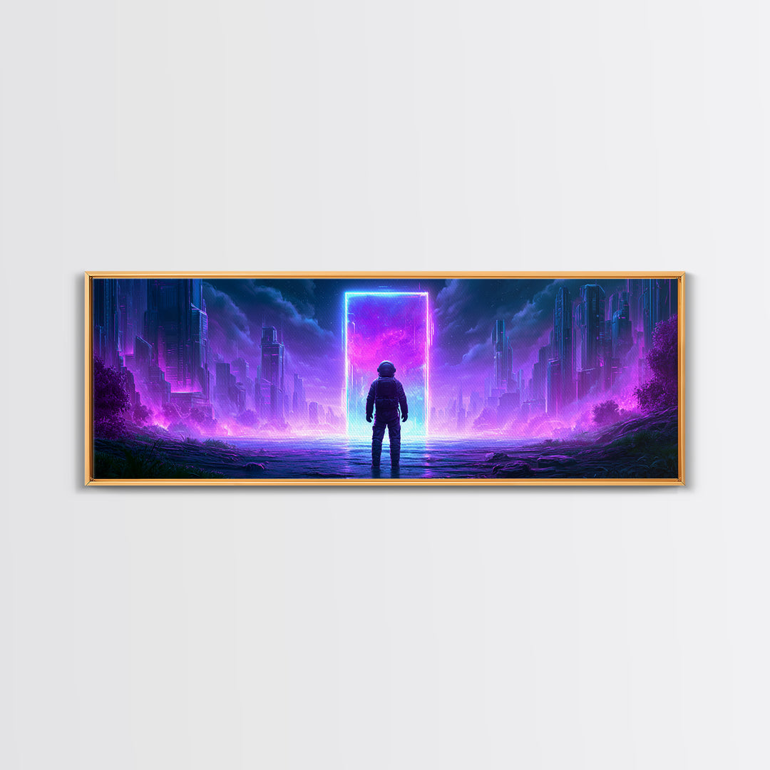 Astronaut Standing Before a Glowing Monolith Framed Canvas Print, Scifi Art, Space Art, Living Room Decor, Fine Art, Orbit, SCI-3x1-90