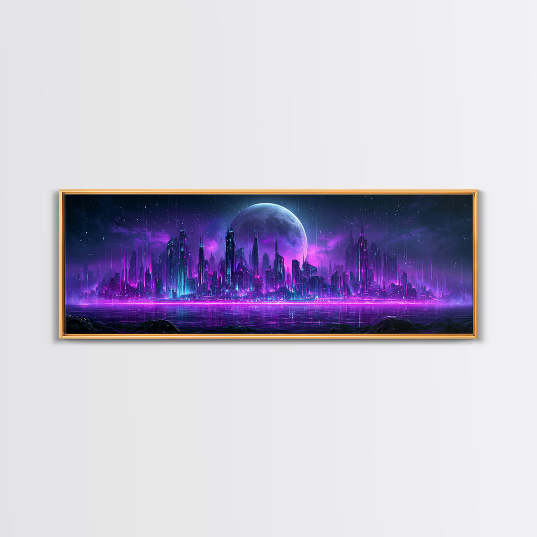 Futuristic City on a Moonlit World Canvas Print, Scifi Art, Posters, Living Room Decor, Orbit, Pop Art, Mid Century Art, SCI-3x1-91
