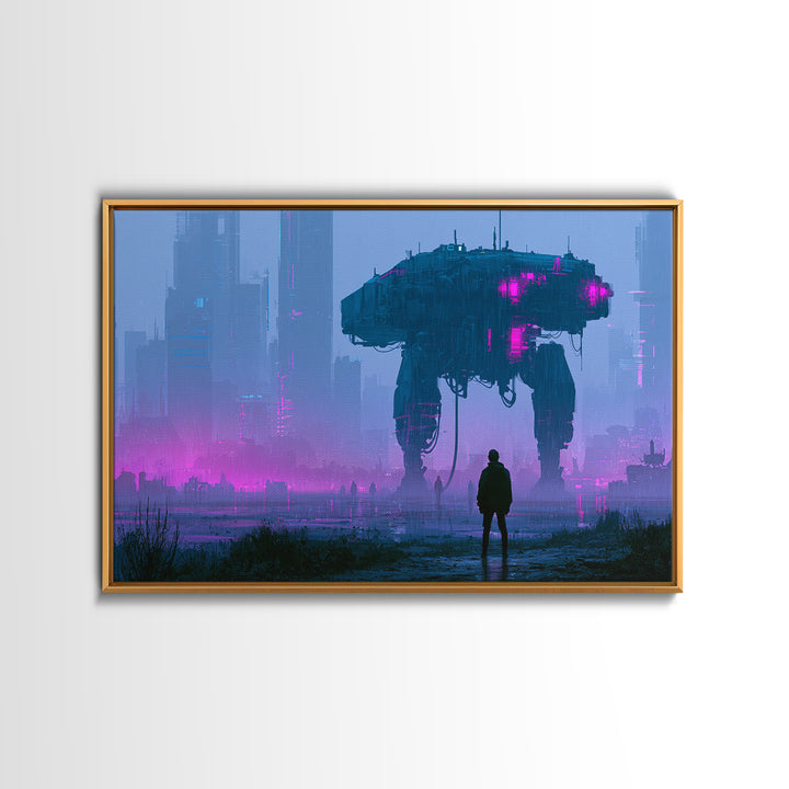 Mech Silhouette in Rainy Neon City Framed Canvas Print, Scifi Art, Statement Artwork, Living Room Decor, Fine Art, Orbit, SCI-3x2-19
