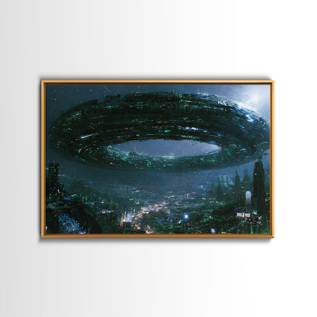 Giant Ring World Seen from a Valley Framed Canvas Print, Scifi Art, Game Room Decor, Living Room Decor, Fine Art, Orbit, SCI-3x2-36