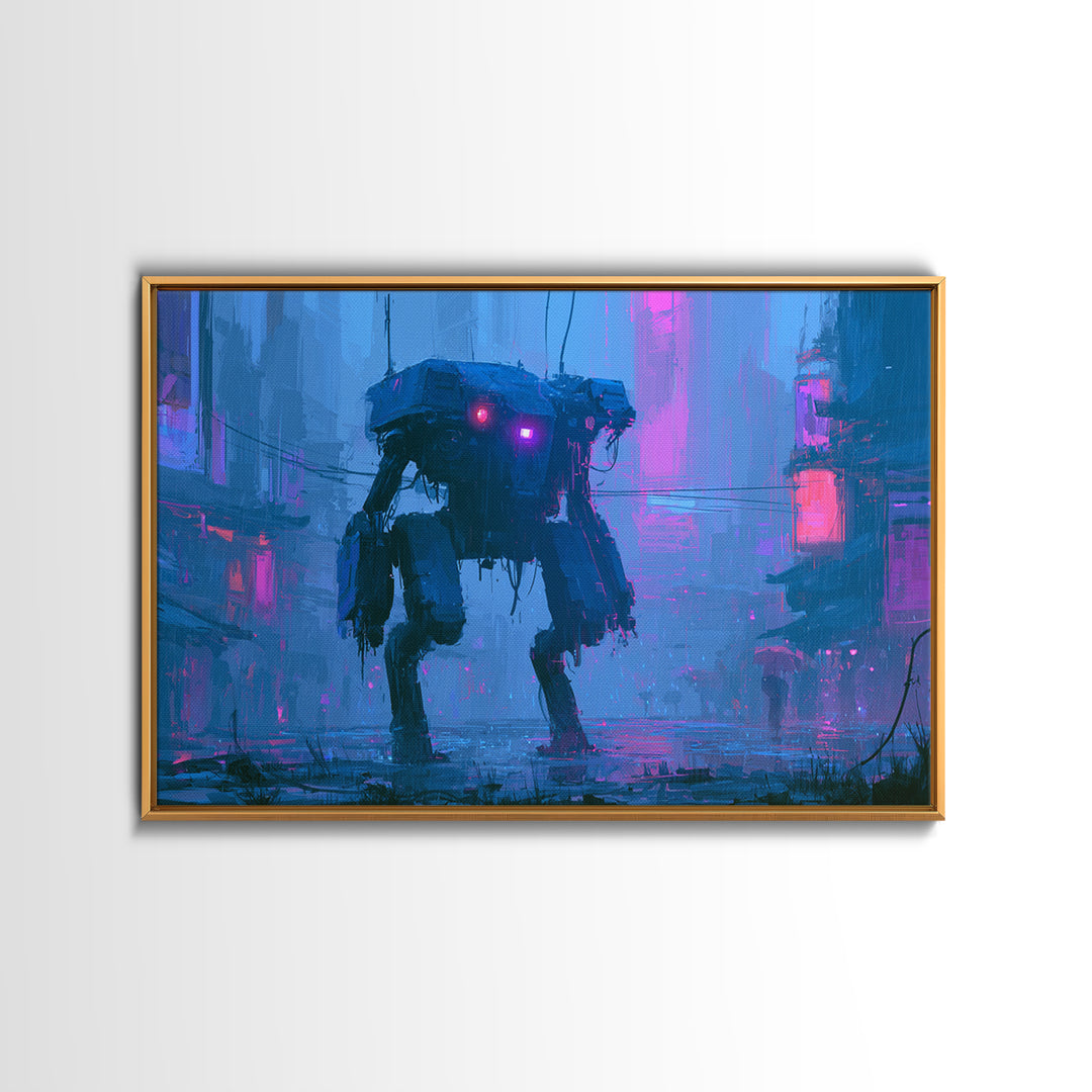 Mech Silhouette in Rainy Neon City Canvas Print, Scifi Art, Textured Painting, Living Room Decor, Abstract Art, Orbit, SCI-3x2-43