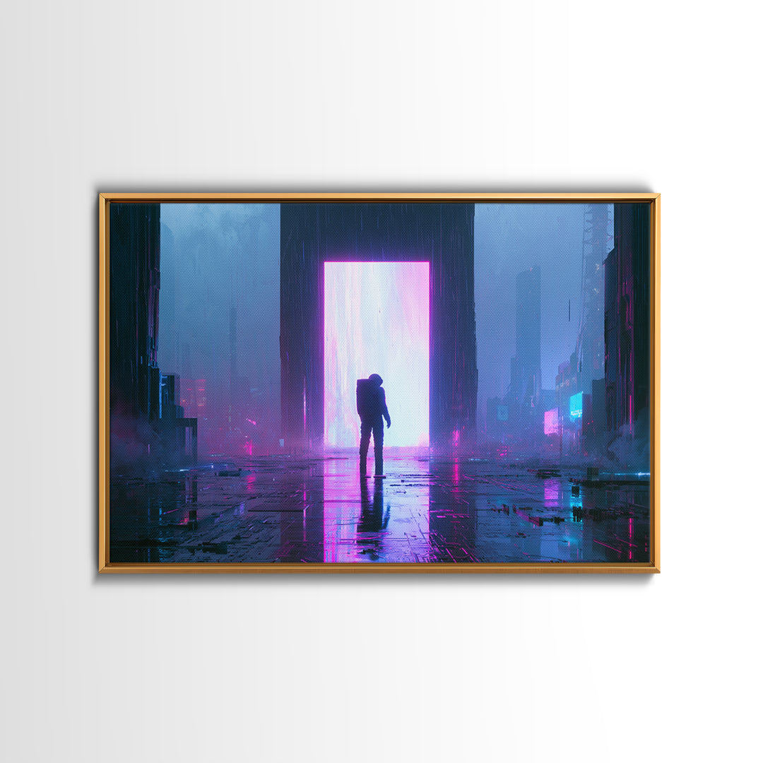 Astronaut Standing Before a Glowing Monolith Framed Canvas Print, Scifi Art, Modern Art, Living Room Decor, Fine Art, Orbit, SCI-3x2-6