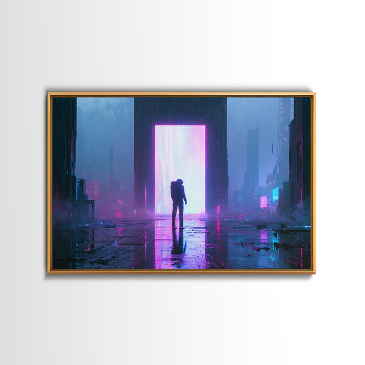 Astronaut Standing Before a Glowing Monolith Framed Canvas Print, Scifi Art, Modern Art, Living Room Decor, Fine Art, Orbit, SCI-3x2-6