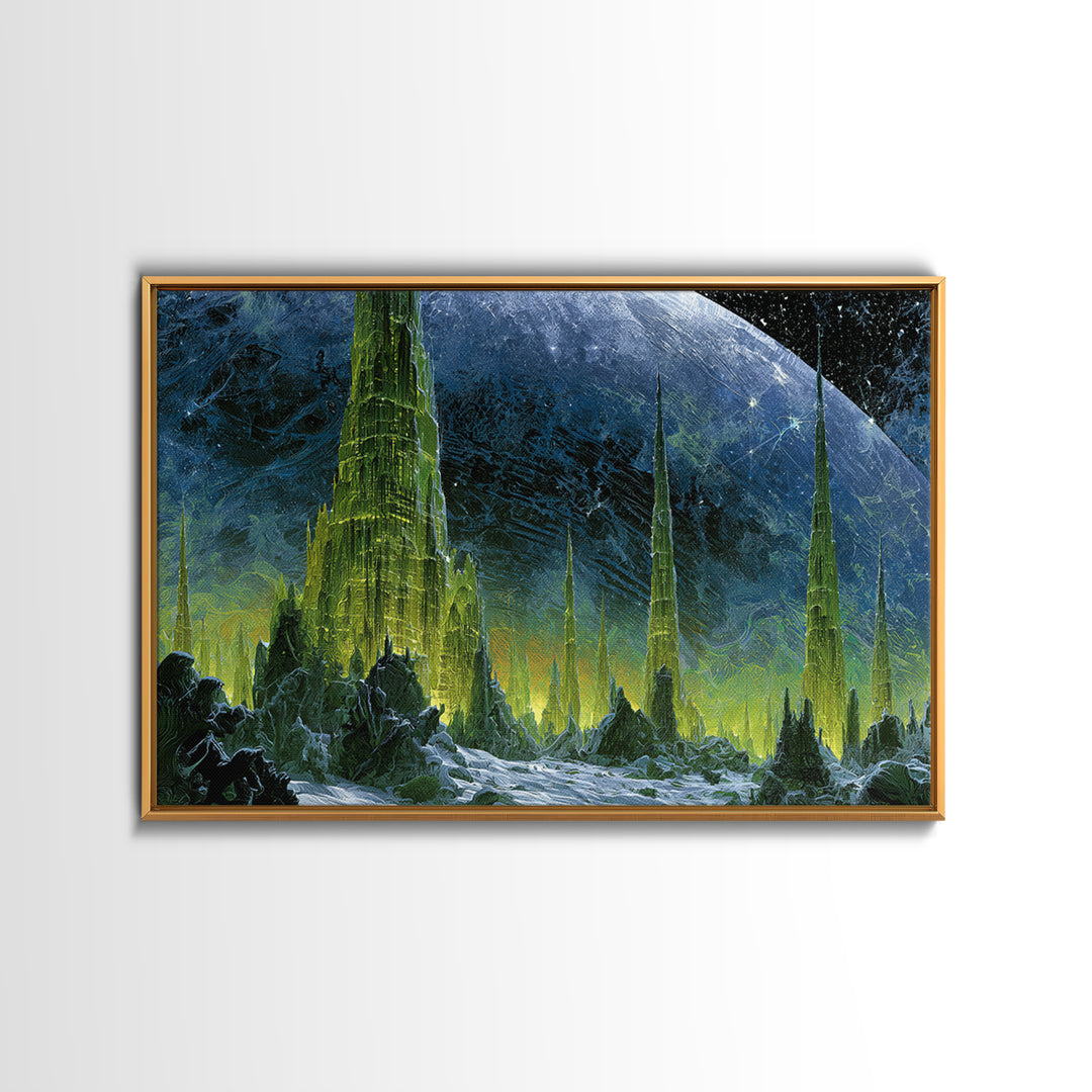 Terraforming Towers on a Silent Planet Framed Canvas Print, Scifi Art, Living Room Decor, Abstract Art, Orbit, SCI-3x2-64