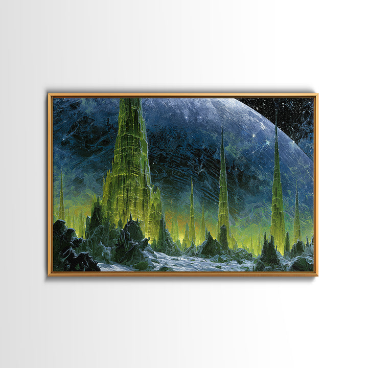 Terraforming Towers on a Silent Planet Framed Canvas Print, Scifi Art, Living Room Decor, Abstract Art, Orbit, SCI-3x2-64