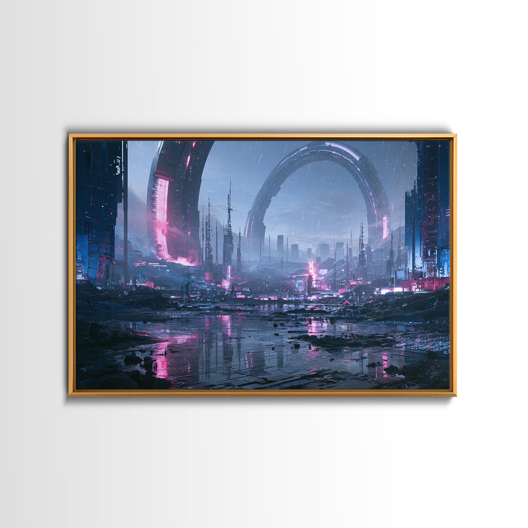 Giant Ring World Seen from a Valley Canvas Print, Scifi Art, Poster, Living Room Decor, Fine Art, Orbit, Retro Wall Art, SCI-3x2-84