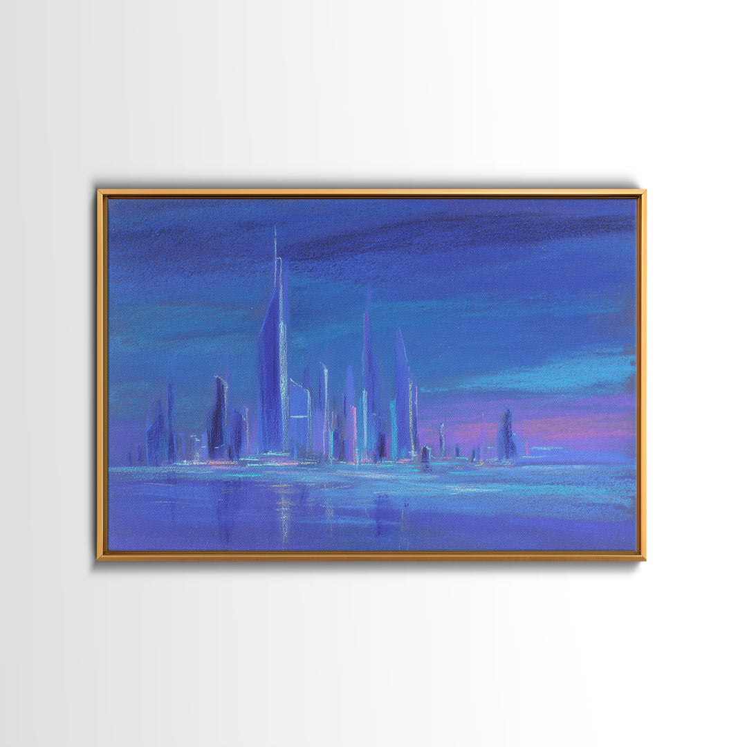 Mech Silhouette in Rainy Neon City Framed Canvas Print, Scifi Art, Retro Wall Art, Living Room Decor, Oil Painting, Orbit, SCI-3x2-91
