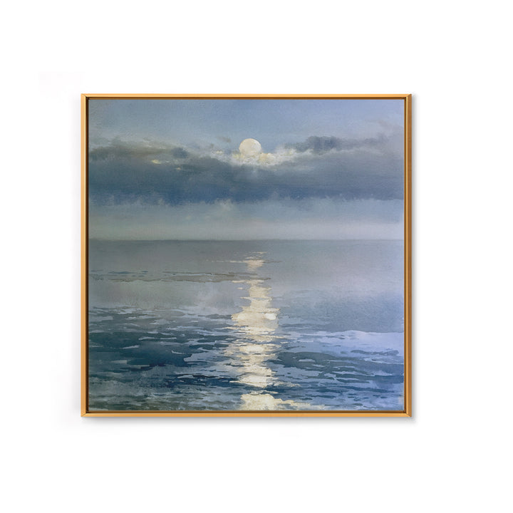 Moonlit Ocean with Silver Path of Light Framed Canvas Print, Seascape Art, Abstract Painting, Coastal Decor, Fine Art, Seascape, SEA-1x1-51
