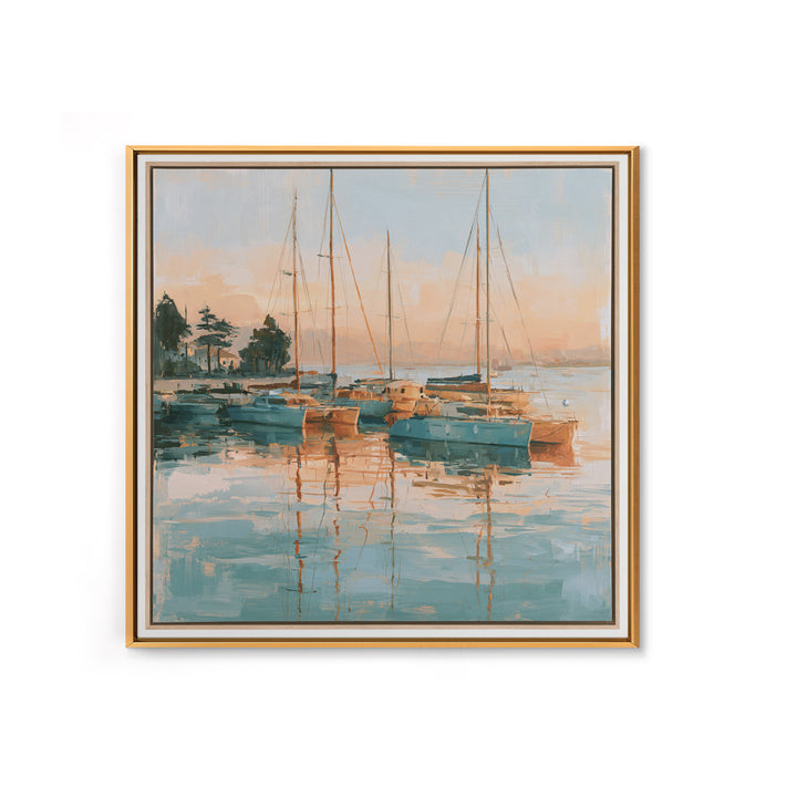 Mediterranean Harbor at Dawn Framed Canvas Print, Seascape Art, Living Room Wall Art, Coastal Decor, Fine Art, Seascape, SEA-1x1-70