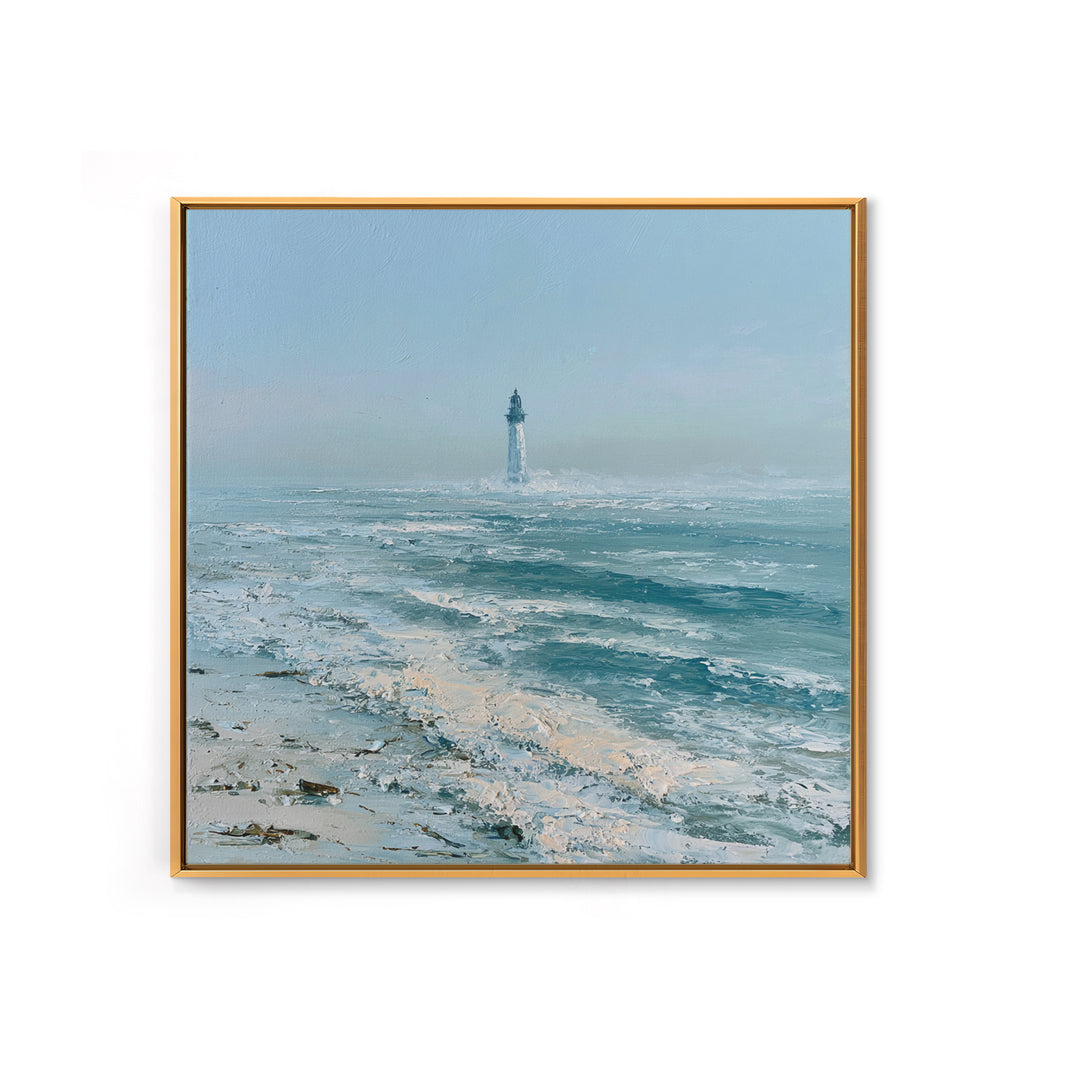 Dramatic Lighthouse in Distant Spray Framed Canvas Print, Seascape Art, Gallery Decor, Coastal Decor, Fine Art, Seascape, SEA-1x1-78