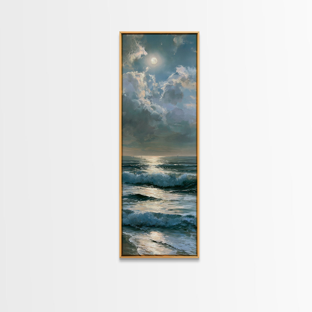 Moonlit Ocean with Silver Path of Light Framed Canvas Print, Seascape Art, Home Decor, Coastal Decor, Fine Art, Seascape, SEA-1x3-15