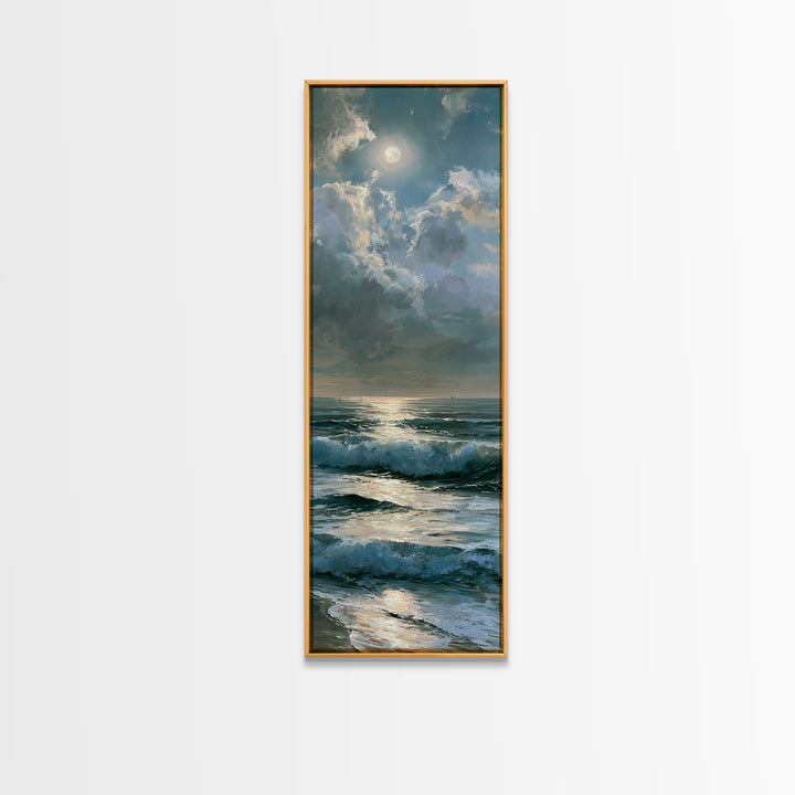Moonlit Ocean with Silver Path of Light Framed Canvas Print, Seascape Art, Home Decor, Coastal Decor, Fine Art, Seascape, SEA-1x3-15