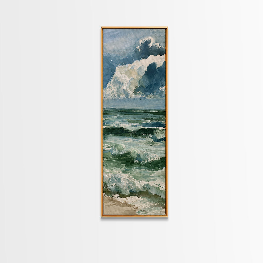 Turbulent Green Sea Framed Canvas Print, Seascape Art, Boho Decor, Coastal Decor, Oil Painting, Seascape, Printable Wall Art, SEA-1x3-45