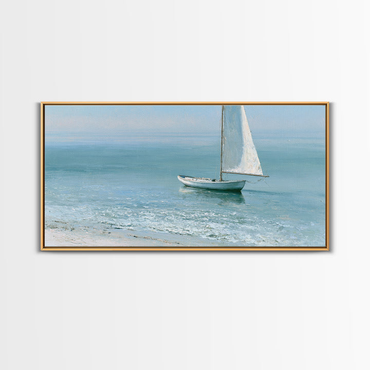 Quiet Sailboat on Glassy Water Framed Canvas Print, Seascape Art, Watercolor Painting, Coastal Decor, Fine Art, Seascape, SEA-2x1-100