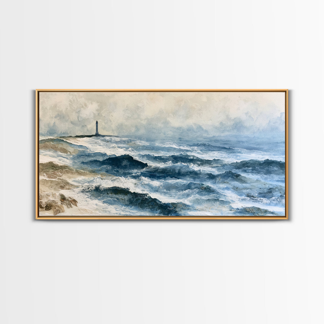 Dramatic Lighthouse in Distant Spray Canvas Print, Seascape Art, Boho Decor, Coastal Decor, Abstract Art, Seascape, SEA-2x1-26